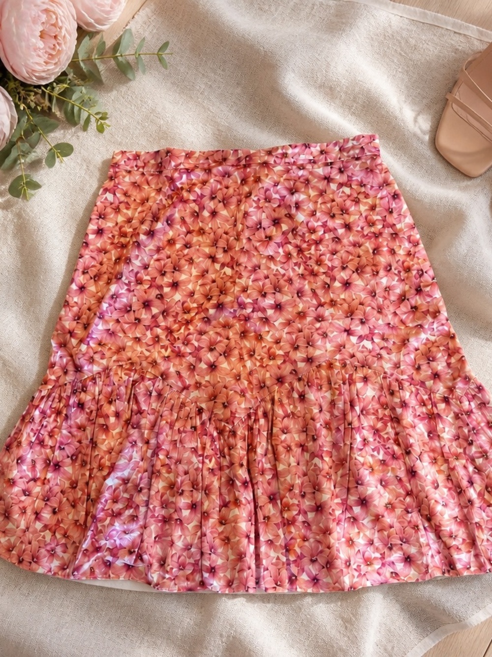 ANTONIO MELANI Pink and Peach Floral Ruffle-Hem A-Line Skirt